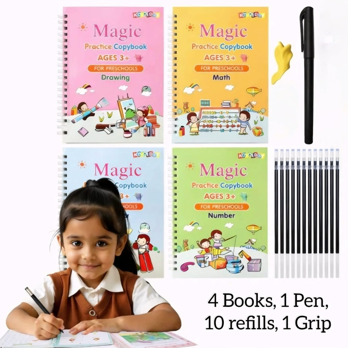 ✨ Magic Practice Copybook ✍️  (4 BOOKS,1 PEN,1 GRIP,10 REFILL)